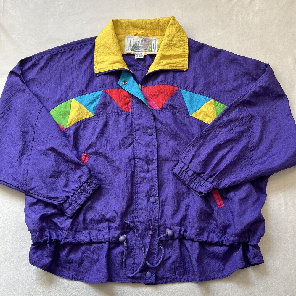 Vintage 80s 90s Women’s Plus Size 2X Colorblock Purple Yellow Windbreaker Jacket